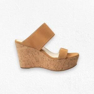 Marc Fisher Shelbee Tan Tawny Suede Slip On Cork Wedge Platform Sandals Size 7.5